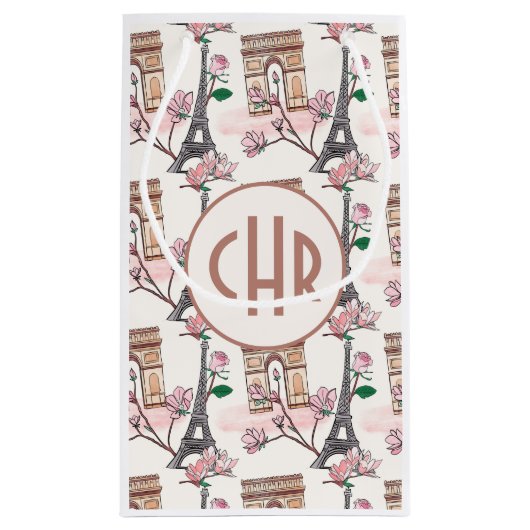 キュートフランスのテーマモノグラム |フランスのランドマーク スモールペーパーバッグ (裏面)