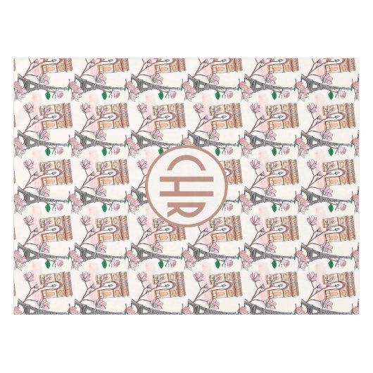 キュートフランスのテーマモノグラム |フランスのランドマーク テーブルクロス (正面(横))