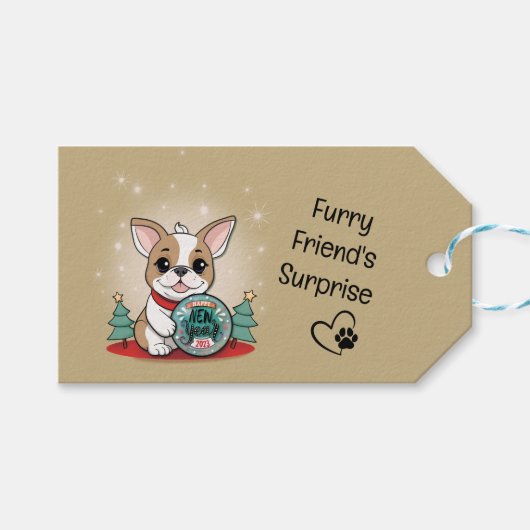 キュートフランスのブルドッグおもしろいハッピーニューイヤー ギフトタグ (正面(横))