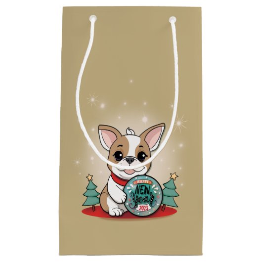 キュートフランスのブルドッグおもしろいハッピーニューイヤー スモールペーパーバッグ (正面)