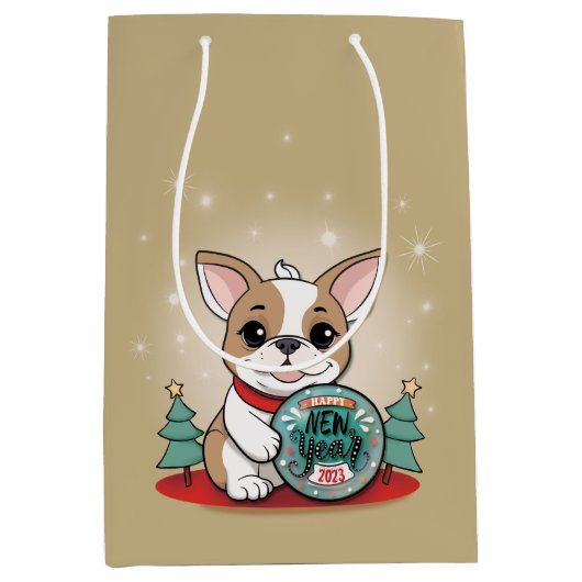 キュートフランスのブルドッグおもしろいハッピーニューイヤー ミディアムペーパーバッグ (正面)