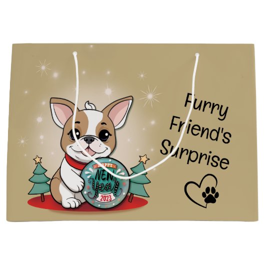 キュートフランスのブルドッグおもしろいハッピーニューイヤー ラージペーパーバッグ (正面)