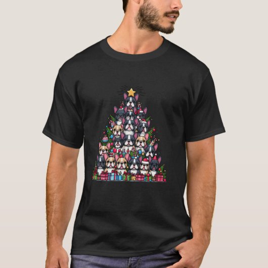 キュートフランスのブルドッグのクリスマスツリードッグメンズ Tシャツ (正面)