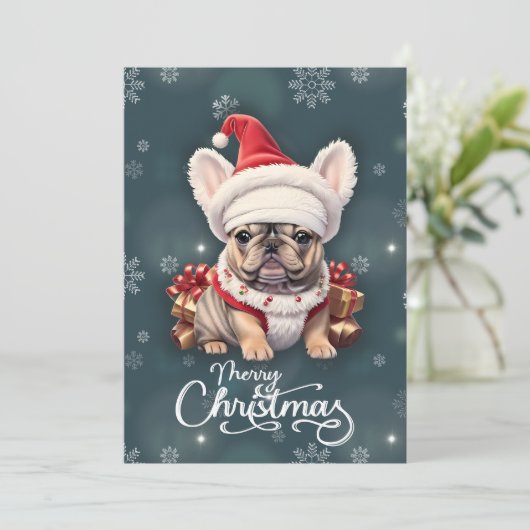 キュートフランスのブルドッグサンタハットメリークリスマス シーズンカード (スタンド正面)