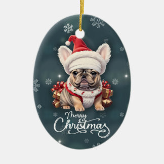 キュートフランスのブルドッグサンタハットメリークリスマス セラミックオーナメント