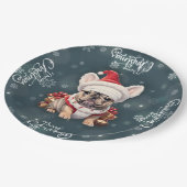 キュートフランスのブルドッグサンタハットメリークリスマス ペーパープレート (アングル)