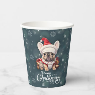 キュートフランスのブルドッグサンタハットメリークリスマス 紙コップ