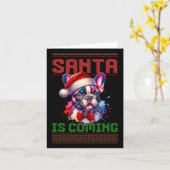 キュートフランスのブルドッグサンタハット醜いクリスマスホリッド カード (黄色い花)