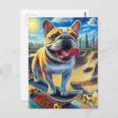 キュートフランスのブルドッグスケートボード ポストカード (正面/裏面)