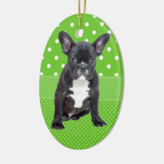 キュートフランスのブルドッグパピーグリーン水玉模様 セラミックオーナメント (左)
