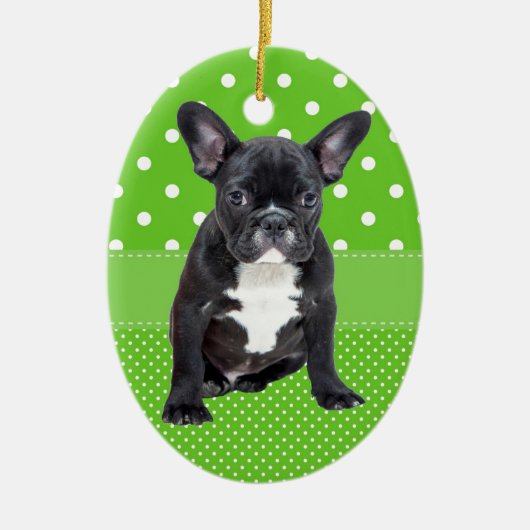 キュートフランスのブルドッグパピーグリーン水玉模様 セラミックオーナメント (正面)