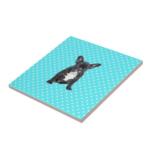 キュートフランスのブルドッグパピーブルー水玉模様 タイル (側面)