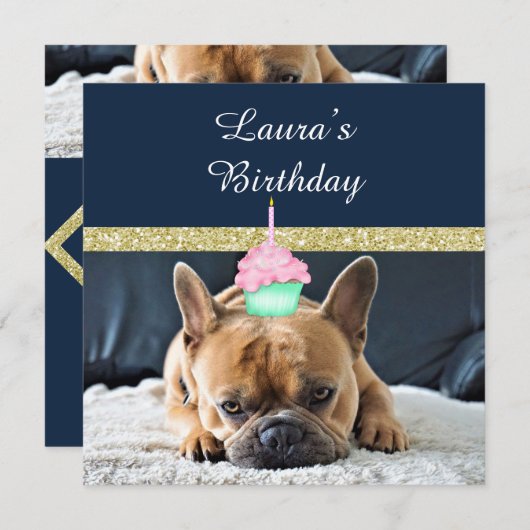 キュートフランスのブルドッグ誕生日パーティー招待海軍 招待状 (正面/裏面)