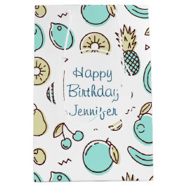 キュートフルーツパターン夏ラインスケッチ誕生日 ミディアムペーパーバッグ