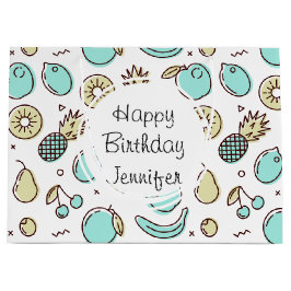 キュートフルーツパターン夏ラインスケッチ誕生日 ラージペーパーバッグ