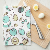 キュートフルーツパターン夏ラインスケッチ キッチンタオル (四つ折り)