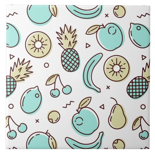 キュートフルーツパターン夏ラインスケッチ タイル (正面)