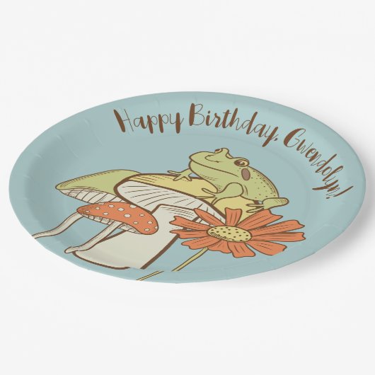 キュートフロッグアンドマッシュルームコテージパーソナライズされた ペーパープレート (アングル)