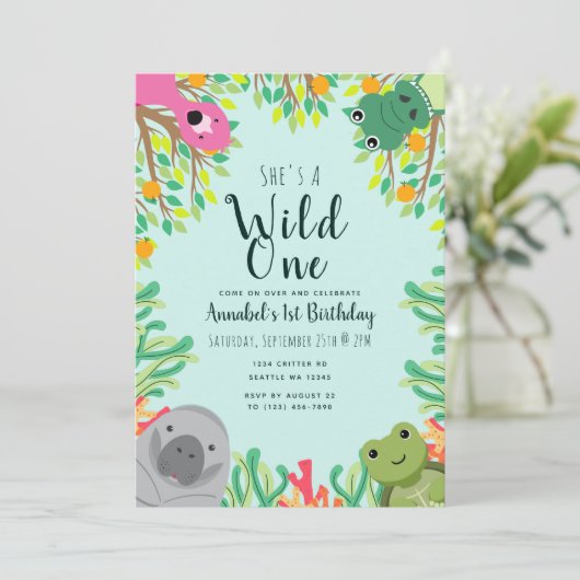 キュートフロリダアニマルズワイルドワン子供の誕生日 招待状 (スタンド正面)