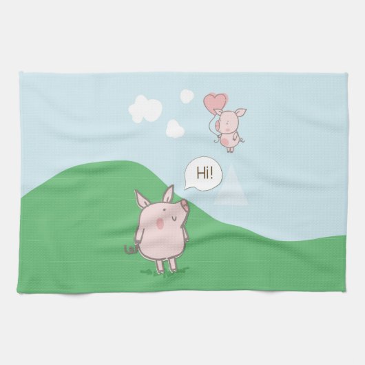 キュートフローティング豚ことわざhi キッチンタオル (横)