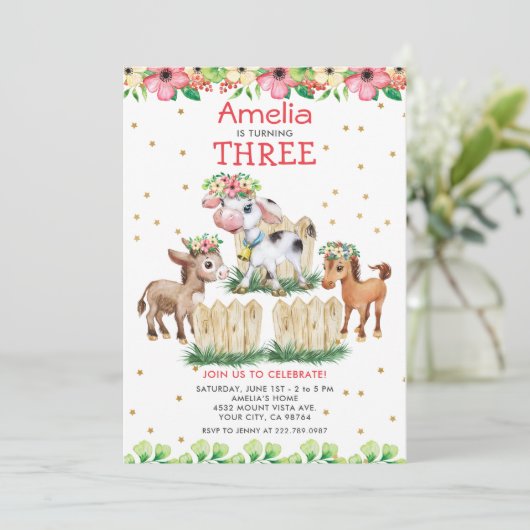 キュートフローラファームアニマルズサード誕生日招待状 招待状 (スタンド正面)