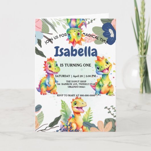 キュートフローラレインボー恐竜ハッピーバースデーパーティー 招待状 (正面)
