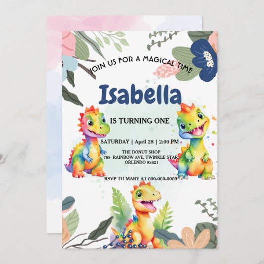 キュートフローラレインボー恐竜ハッピーバースデーパーティー 招待状 (正面/裏面)