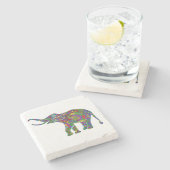 キュートブライトカラーフローラ象イラストレーション ストーンコースター (横)