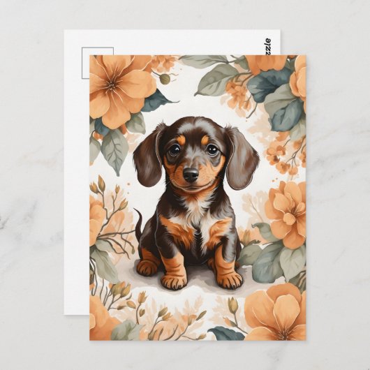 キュートブラウンダッシュントパピーピーピーピーピーチフローラ ポストカード (正面/裏面)