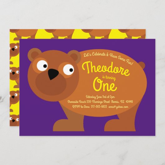キュートブラウンベアーキッズ1st誕生日パーティの招待状 招待状 (正面/裏面)