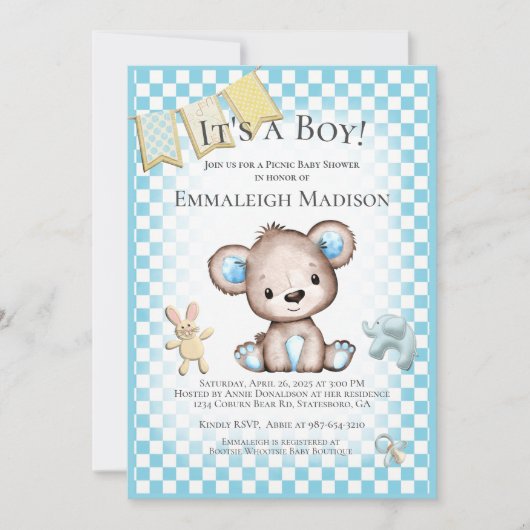 キュートブラウンベア男の赤ちゃんピクニックベビーシャワー 招待状 (正面)