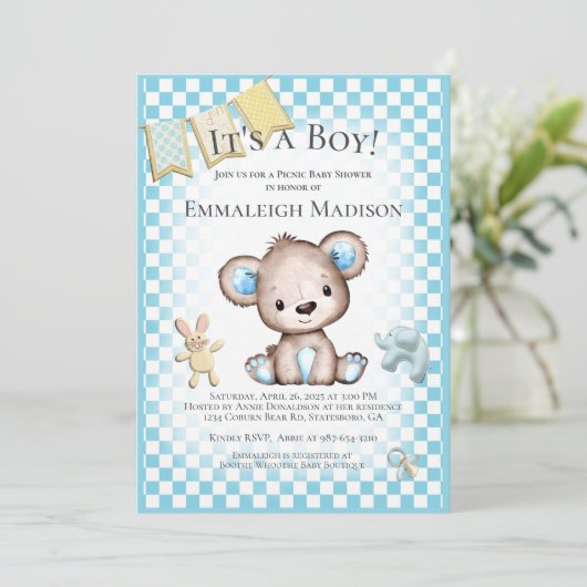 キュートブラウンベア男の赤ちゃんピクニックベビーシャワー 招待状 (スタンド正面)