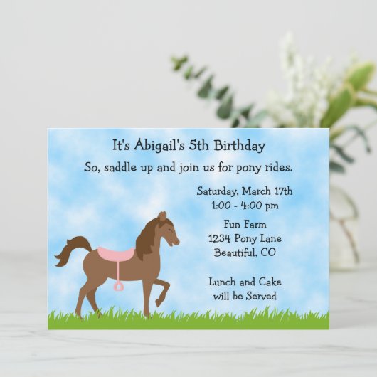 キュートブラウンホースポニーライディングガールズ誕生日招待状 招待状 (スタンド正面)