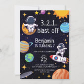 キュートブラストオフ宇宙テーマ任意の年齢誕生日 招待状 (正面)