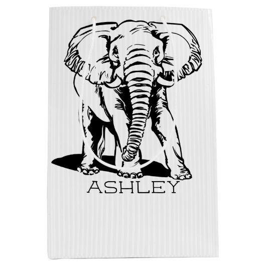 キュートブラックエレファントラインスケッチ ミディアムペーパーバッグ (正面)