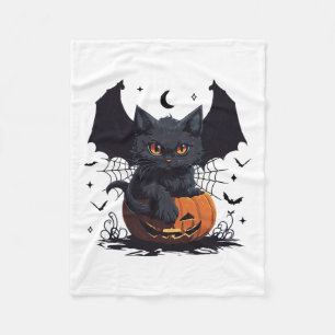 キュートブラックキャットウィングスこうもりハロウィーンのカボチャのちょうちん子猫 フリースブランケット