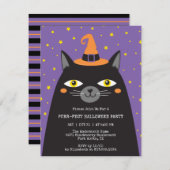 キュートブラックキャットキッズハローウィンパーティ招待状 (正面/裏面)