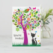 キュートブラックキャット&フラワーツリー誕生日招待状 招待状 (スタンド正面)