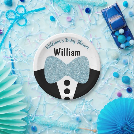 キュートブラックタキシードブルーグリッターボウタイベビーシャワー ペーパープレート (パーティー)