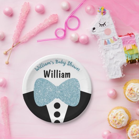 キュートブラックタキシードブルーグリッターボウタイベビーシャワー ペーパープレート (パーティー)