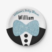 キュートブラックタキシードブルーグリッターボウタイベビーシャワー ペーパープレート (正面)