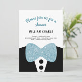 キュートブラックタキシードブルーグリッターボウタイベビーシャワー 招待状 (スタンド正面)