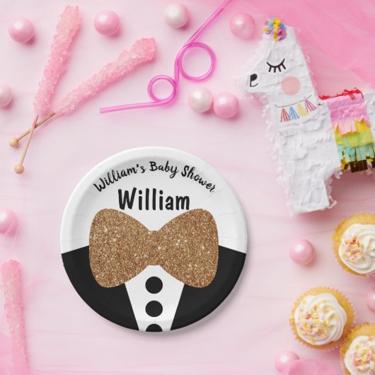 キュートブラックタキシード金ゴールドグリッターボウタイ赤ちゃんシャワー ペーパープレート (パーティー)