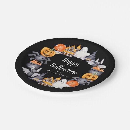キュートブラックハッピーハローウィンイラストレーションパーティー ペーパープレート (アングル)