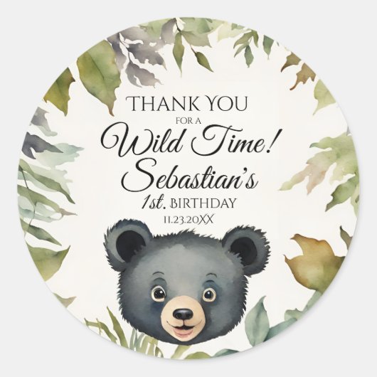 キュートブラックベアーウッドランドサンキューレ誕生日 ラウンドシール (正面)