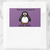 キュートブラックペンギンオンパープルブックネームプレート 長方形シール (バッグ)