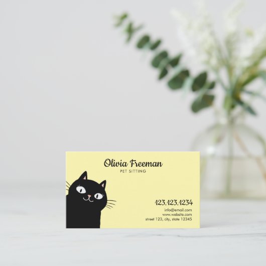 キュートブラック&イエローキャットイラストレーションペットシッター 名刺 (スタンド正面)