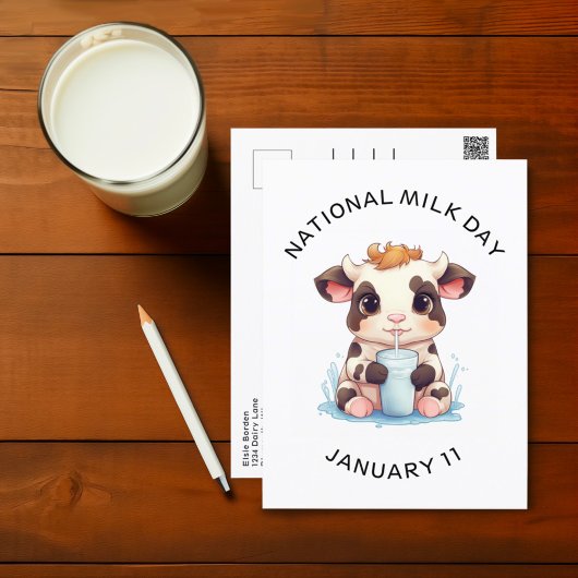 キュートブラック&ホワイトかわいいベビー牛飲み牛乳 ポストカード