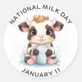 キュートブラック&ホワイトかわいいベビー牛飲み牛乳 ラウンドシール (正面)