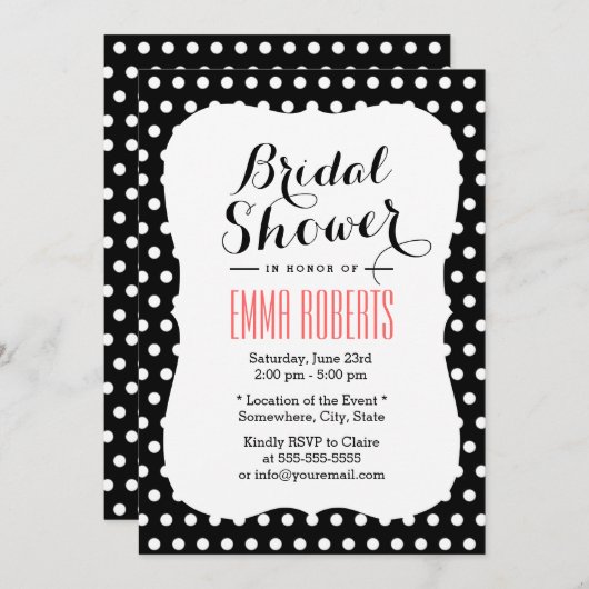 キュートブラック&ホワイト水玉模様ブライダルシャワー 招待状 (正面/裏面)